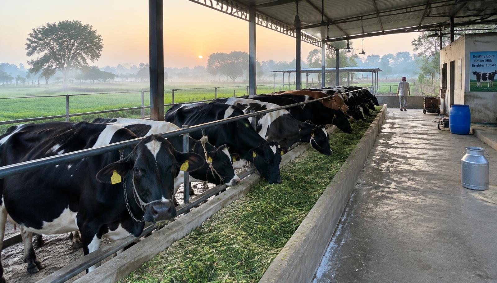 Rows of healthy cows feeding in a clean Indian dairy shed at sunrise